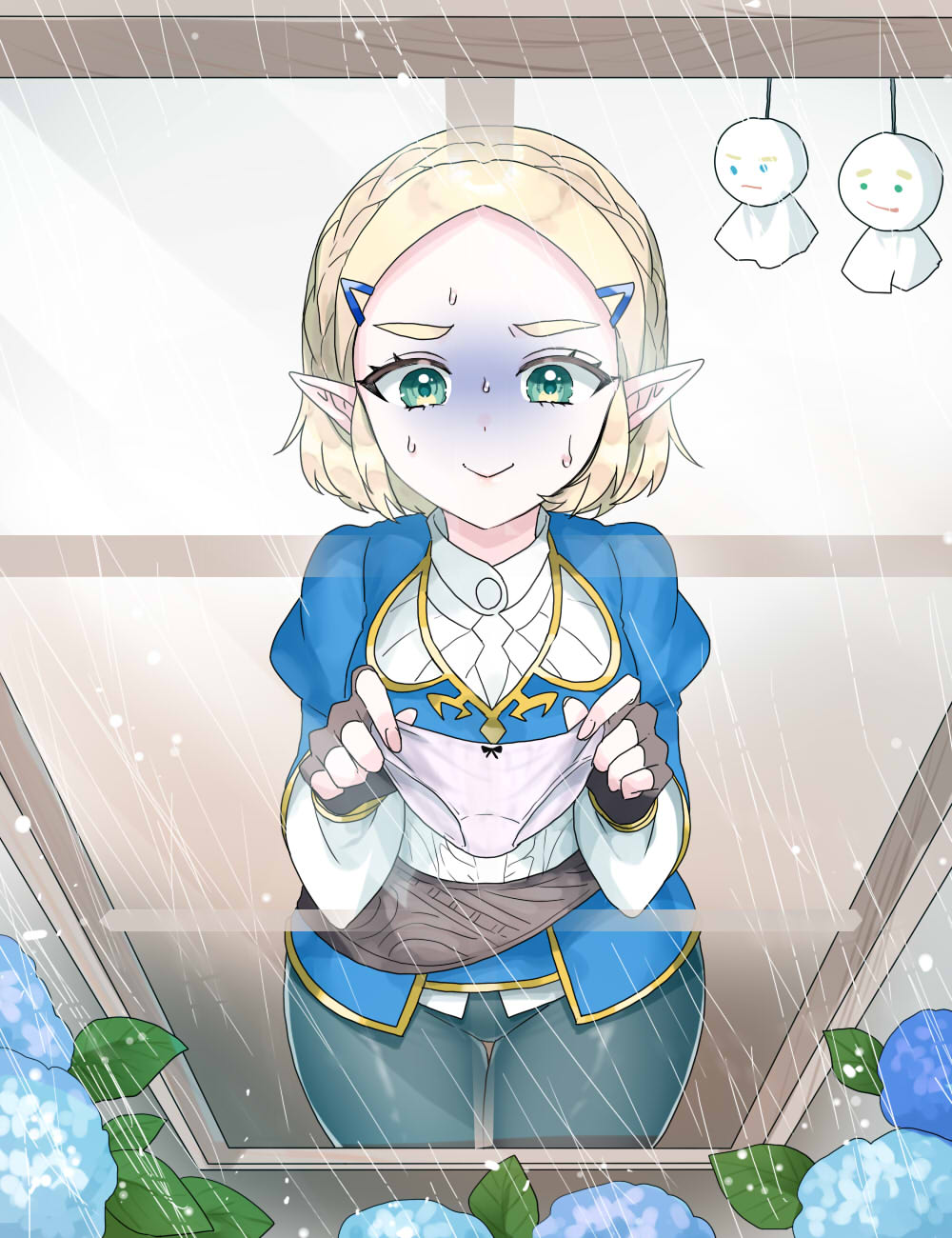 1girl black_pants blonde_hair blue_shirt braid brown_gloves closed_mouth commentary_request crown_braid fingerless_gloves flower gloves gold_trim green_eyes highres holding holding_panties holding_underwear holding_unworn_clothes hydrangea looking_at_viewer nintendo panties pants pink_panties pointy_ears princess_zelda rain shirt short_hair smile solo sweat teruterubouzu the_legend_of_zelda the_legend_of_zelda:_tears_of_the_kingdom turn_pale underwear wasabi_(legemd) window