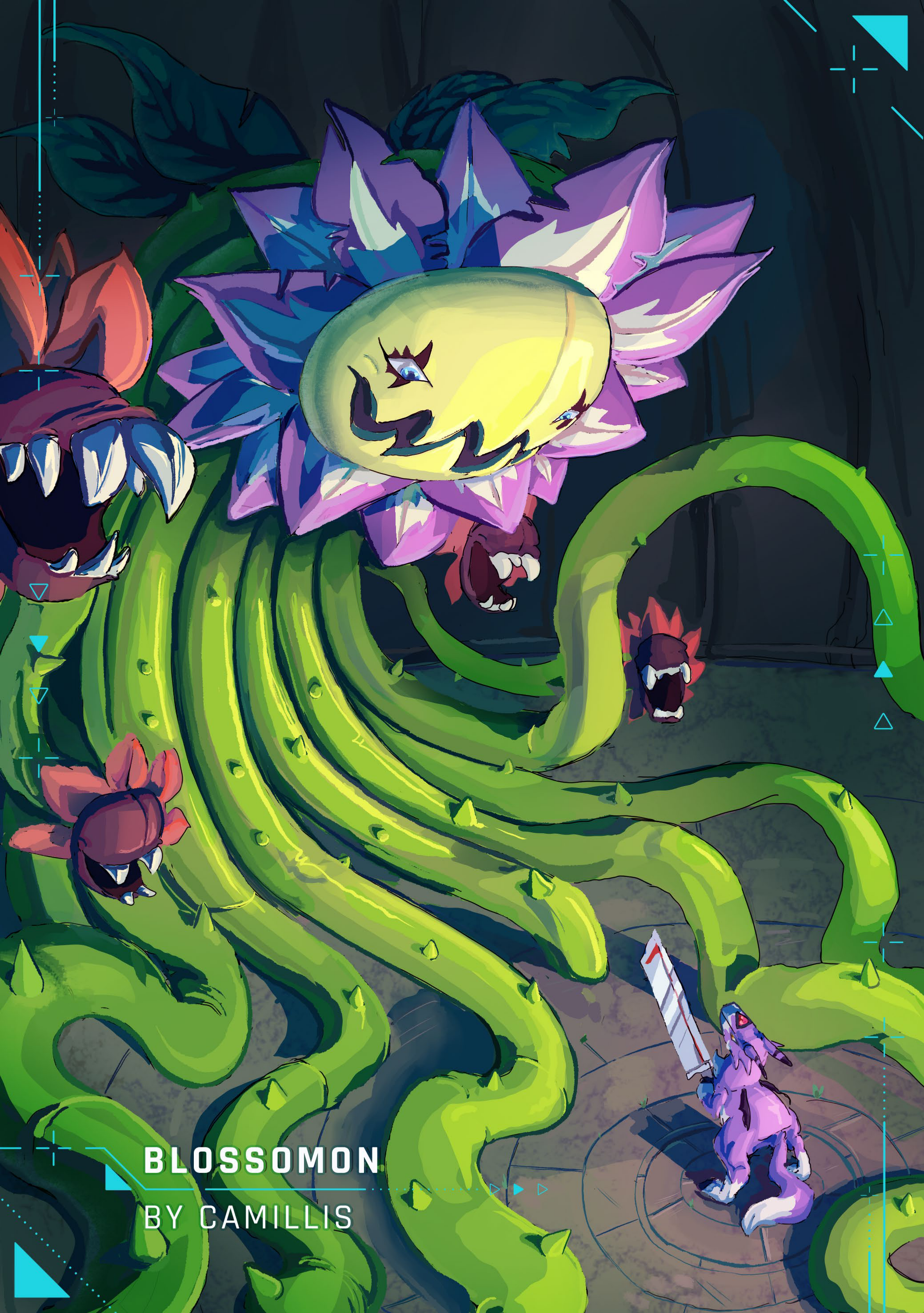 absurdres blossomon digimon digimon_(creature) digimon_world_x dorumon highres sharp_teeth sword tail teeth weapon wings
