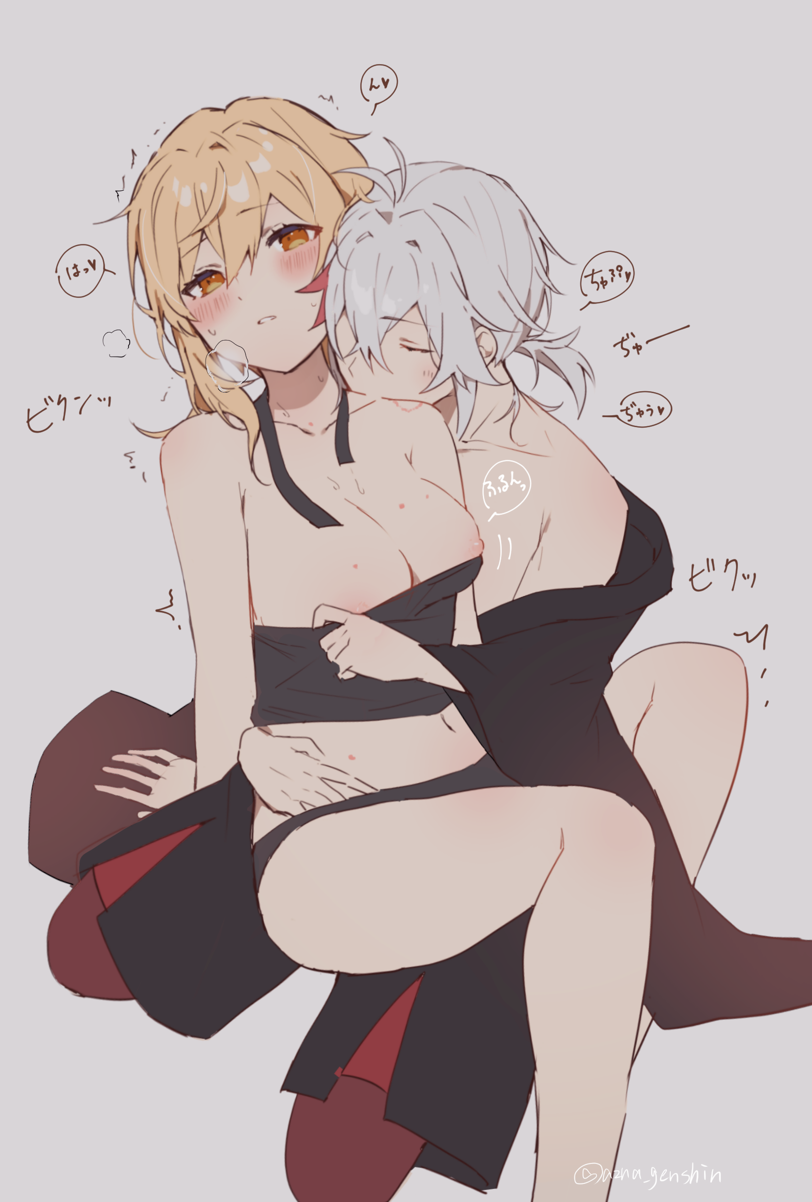 1boy 1girl absurdres azna bite_mark black_panties blonde_hair blush breasts breath closed_eyes genshin_impact grey_background grey_hair hetero highres japanese_clothes kaedehara_kazuha kiss kissing_neck lumine_(genshin_impact) medium_breasts multicolored_hair nipples orange_eyes panties ponytail red_legwear short_hair_with_long_locks short_ponytail simple_background sitting sitting_on_lap sitting_on_person streaked_hair sweat underwear