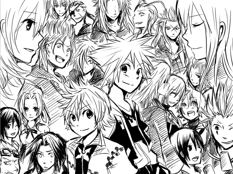 aerith_gainsborough aqua_(kingdom_hearts) axel_(kingdom_hearts) bad_id bad_pixiv_id black_coat_(kingdom_hearts) breasts cid_highwind demyx dress greyscale kairi_(kingdom_hearts) kingdom_hearts kingdom_hearts_358/2_days kingdom_hearts_birth_by_sleep kingdom_hearts:_chain_of_memories kingdom_hearts_ii larxene long_hair marluxia medium_hair mizuno_(iori-amu) monochrome multiple_boys multiple_girls namine organization_xiii riku_(kingdom_hearts) roxas saix short_hair smile sora_(kingdom_hearts) squall_leonhart terra_(kingdom_hearts) ventus_(kingdom_hearts) vexen xemnas xigbar xion_(kingdom_hearts) yuffie_kisaragi zexion