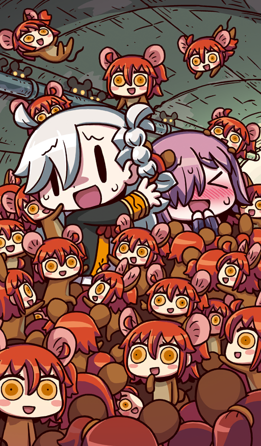 &gt;_&lt; 6+girls ahoge animal_costume animal_ears ascot black_jacket blush blush_stickers braid chibi chibi_only chinese_zodiac clone closed_eyes commentary fake_animal_ears fate/grand_order fate_(series) fujimaru_ritsuka_(female) hair_over_one_eye hair_tie jacket long_hair mash_kyrielight mash_kyrielight_(demi-servant) medium_hair mini_person minigirl mouse_costume mouse_ears multiple_girls official_art olga_marie_animusphere one_side_up open_mouth orange_eyes orange_hair purple_hair red_ascot riyo_(lyomsnpmp) sewer short_hair small_sweatdrop smile third-party_source too_many wall-eyed white_hair year_of_the_rat