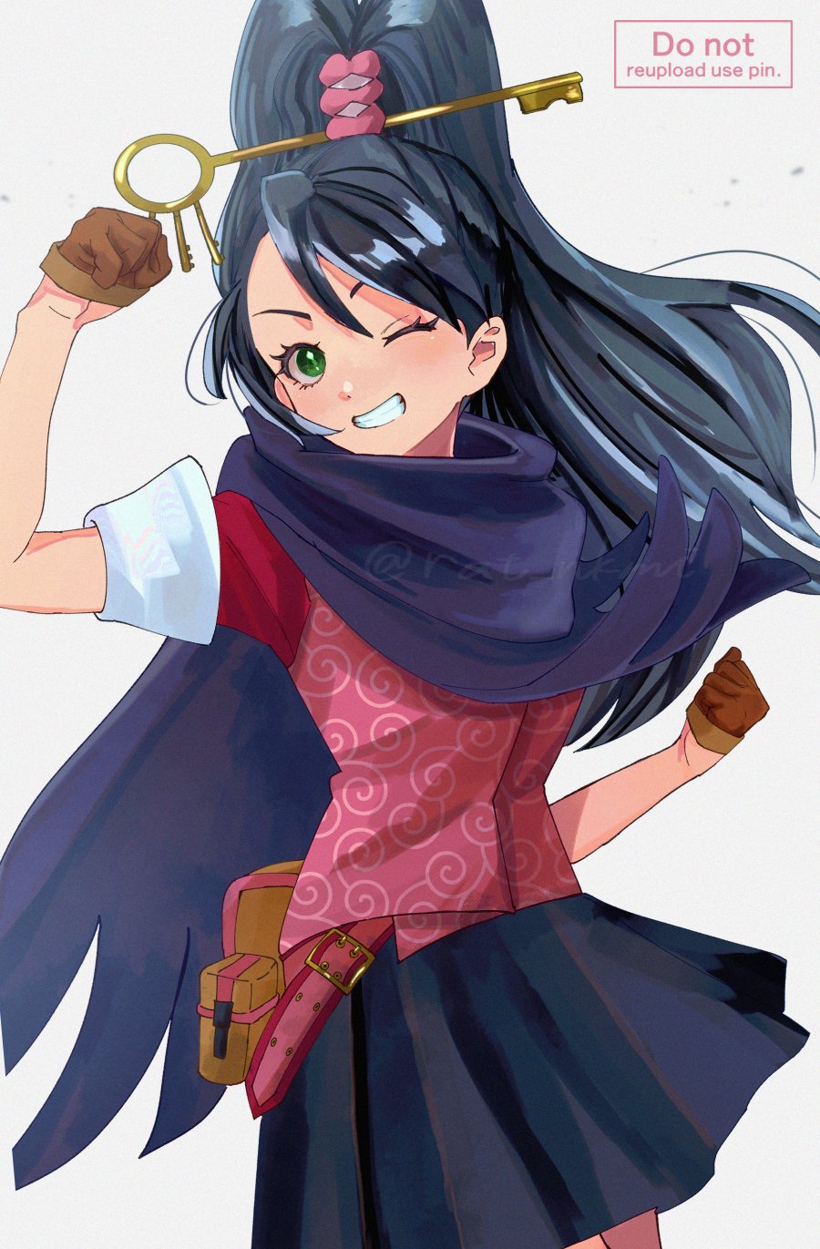 1girl ;d ace_attorney black_hair black_scarf black_skirt brown_gloves clenched_hands gloves green_eyes high_ponytail highres karakusa_(pattern) kay_faraday key_hair_ornament long_hair looking_at_viewer one_eye_closed open_mouth ponytail rat_nkmi scarf short_sleeves skirt smile solo teeth