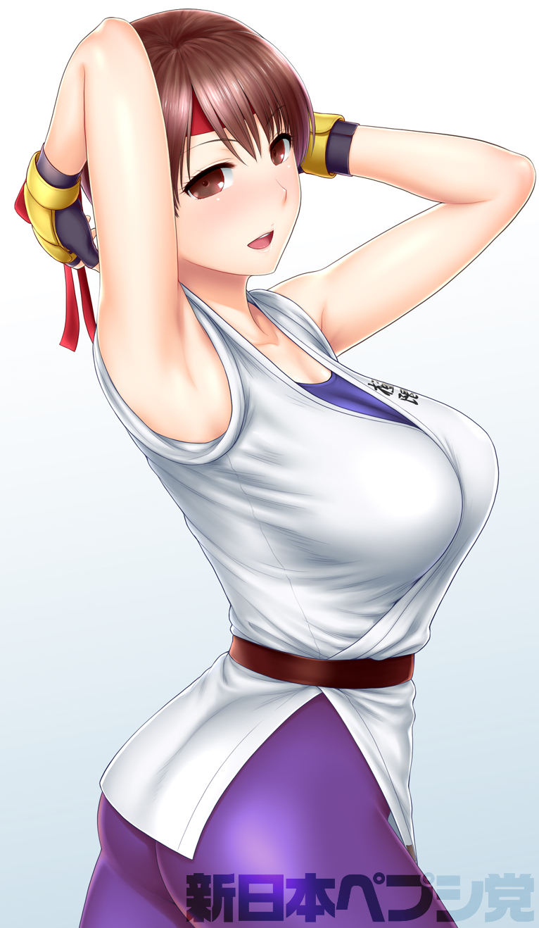 1girl ass belt breasts brown_belt brown_eyes brown_hair collarbone dougi female_focus fingerless_gloves gloves headband highres karate_gi leggings long_hair looking_at_viewer matching_hair/eyes medium_breasts red_headband ryuuko_no_ken smile snk solo spandex st.germain-sal teeth the_king_of_fighters thighs upper_teeth_only yuri_sakazaki