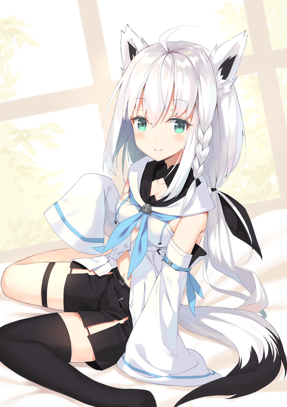 1girl ahoge aliter animal_ear_fluff animal_ears arm_support asymmetrical_legwear black_shorts black_thighhighs blue_neckwear blush breasts closed_mouth commentary detached_sleeves female_focus fox_ears fox_girl fox_tail green_eyes hair_between_eyes hand_up highres hololive long_hair long_sleeves medium_breasts shirakami_fubuki shirakami_fubuki_(1st_costume) shirt short_shorts shorts silver_hair single_thighhigh sleeveless sleeveless_shirt sleeves_past_fingers sleeves_past_wrists smile solo tail thighhighs uneven_legwear very_long_hair virtual_youtuber white_shirt white_sleeves window