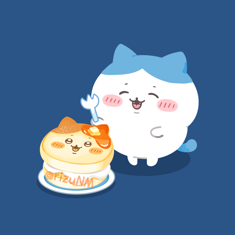 :3 :d ^_^ artist_name blue_background blush blush_stickers butter character-themed_food chiikawa closed_eyes commentary_request cream fangs food fork hachiware_(chiikawa) holding holding_fork no_humans open_mouth pancake plate rizu_(rizunm) shadow simple_background smile solo syrup twitter_username