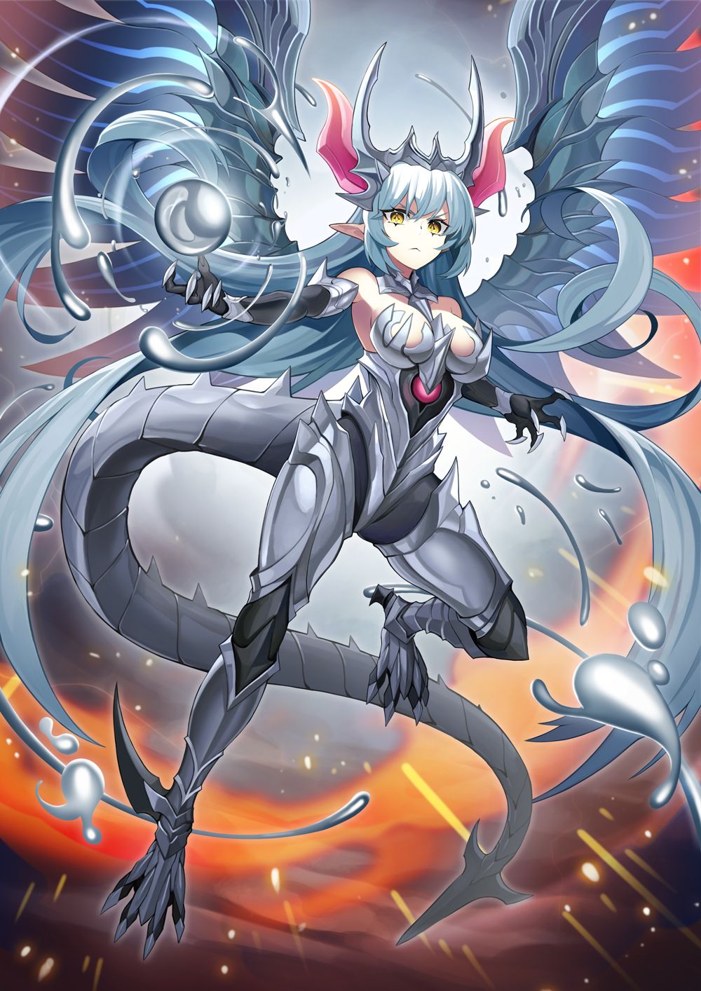 &gt;:( +_+ 1girl absurdly_long_hair armor baniran_dorosu bare_shoulders breasts claws commentary_request dragon_girl dragon_horns dragon_tail dragon_wings elbow_gloves fantasy female_focus flying gloves highres horns long_hair looking_at_viewer medium_breasts mercury_(element) original pointy_ears silver solo tail very_long_hair white_hair wings yellow_eyes