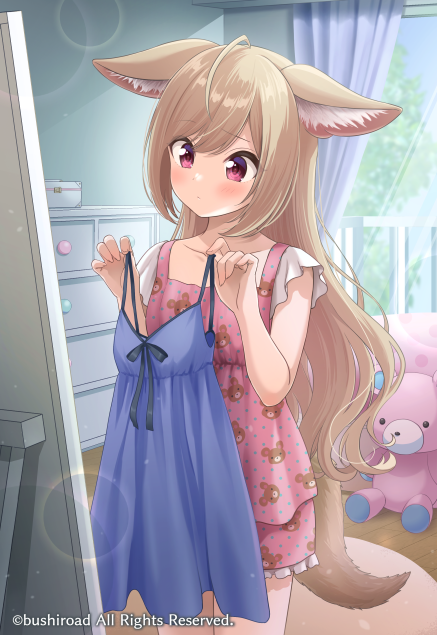 1girl ahoge animal_ear_fluff animal_ears animal_print bear_print blonde_hair blue_camisole blush camisole closed_mouth copyright_request cowboy_shot cupboard dress fox_ears fox_girl fox_tail frilled_shorts frills holding holding_unworn_clothes indoors lens_flare long_hair mirror necocafe_lili pinafore_dress pink_dress pink_shorts red_eyes short_sleeves shorts sleeveless sleeveless_dress solo stuffed_animal stuffed_toy tail teddy_bear unworn_camisole very_long_hair