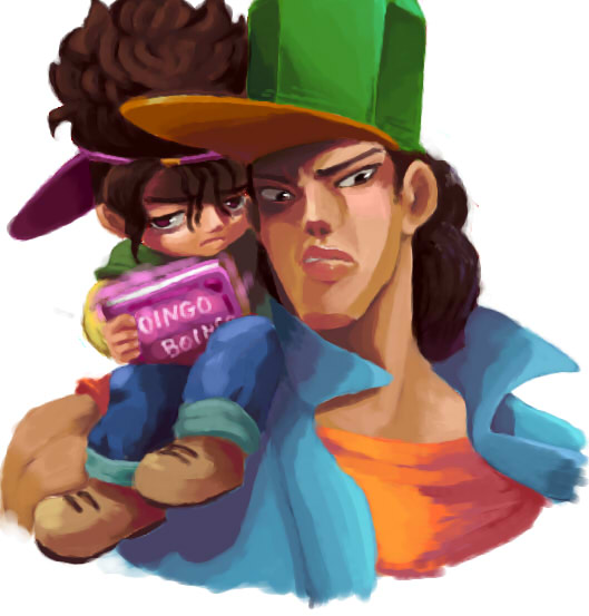 2boys boingo book brothers brown_hair dark_skin dark-skinned_male hat jojo_no_kimyou_na_bouken kamiura male_focus multiple_boys oingo siblings thoth_(stand)