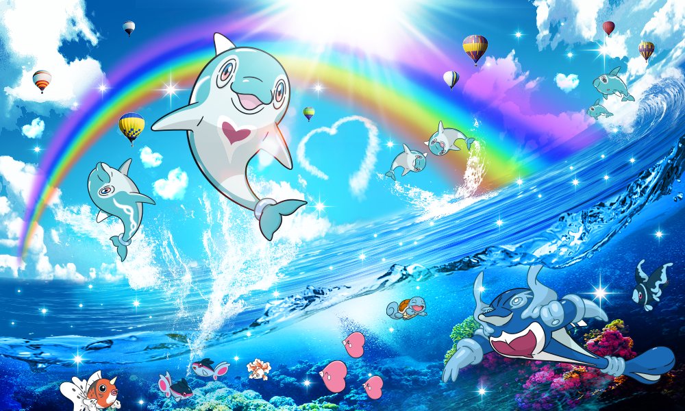 closed_mouth day dolphin finizen finneon from_side full_body gen_1_pokemon gen_3_pokemon gen_4_pokemon goldeen heart jumping looking_at_viewer lumineon luvdisc meme meme_attire multiple_others nintendo no_humans official_art open_mouth palafin palafin_(hero) palafin_(zero) partially_underwater_shot pink_eyes pokemon pokemon_(creature) rainbow simple_background smile splashing squirtle swimming underwater water