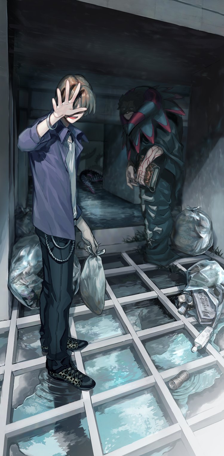 2boys animal_print arm_tattoo armlet black_cloak black_pants black_robe black_shoes blurry blurry_background book brown_hair bulging_eyes cloak collared_shirt colored_skin cross fate/zero fate_(series) fingernails from_side full_body gb0071fg gilles_de_rais_(caster)_(fate) gilles_de_rais_(fate) grey_skin hand_over_face highres holding holding_book indoors inverted_cross jewelry leopard_print looking_at_viewer male_focus multiple_boys open_mouth pants prelati&#039;s_spellbook purple_shirt robe shaded_face sharp_fingernails shirt shoes short_hair smile standing tattoo tentacles trash uryuu_ryuunosuke water white_shirt