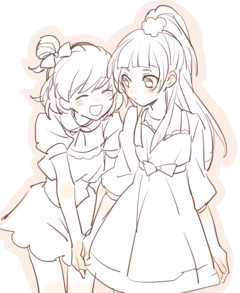 2girls ^_^ asahina_mirai blunt_bangs blunt_ends bow closed_eyes closed_mouth collared_shirt cowboy_shot dot_nose dress frilled_dress frills frown greyscale hair_bow hair_bun hair_ornament happy heke high_ponytail holding_hands izayoi_liko light_blush lineart long_hair long_sleeves looking_at_another mahou_girls_precure! monochrome multiple_girls neck_ribbon nervous open_mouth orange_outline outline pom_pom_(clothes) pom_pom_hair_ornament ponytail precure puffy_long_sleeves puffy_short_sleeves puffy_sleeves ribbon shirt short_dress short_hair short_ponytail short_sleeves sidelocks simple_background single_side_bun smile spot_color standing straight_hair three-quarter_sleeves waist_bow white_background yuri