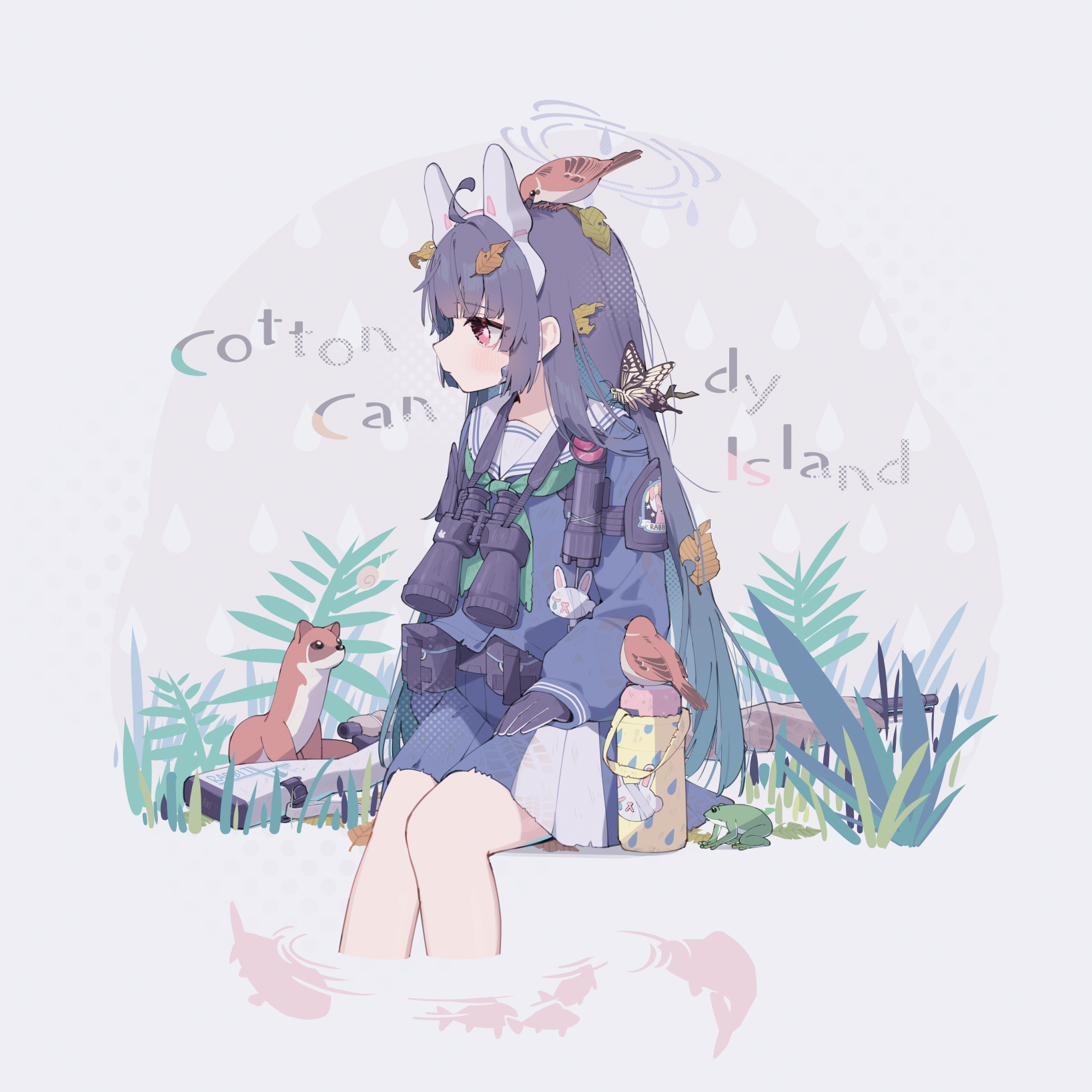 1girl animal animal_ears animal_on_head binoculars bird bird_on_head black_hair blue_archive bolt_action bug butterfly commentary_request flashlight gloves gun halo highres insect leaf leaf_on_head long_hair looking_to_the_side miyu_(blue_archive) mosin-nagant on_head rabbit_ears red_eyes rifle ripples school_uniform shuca_ca sitting sniper_rifle soaking_feet solo very_long_hair weapon weasel white_background