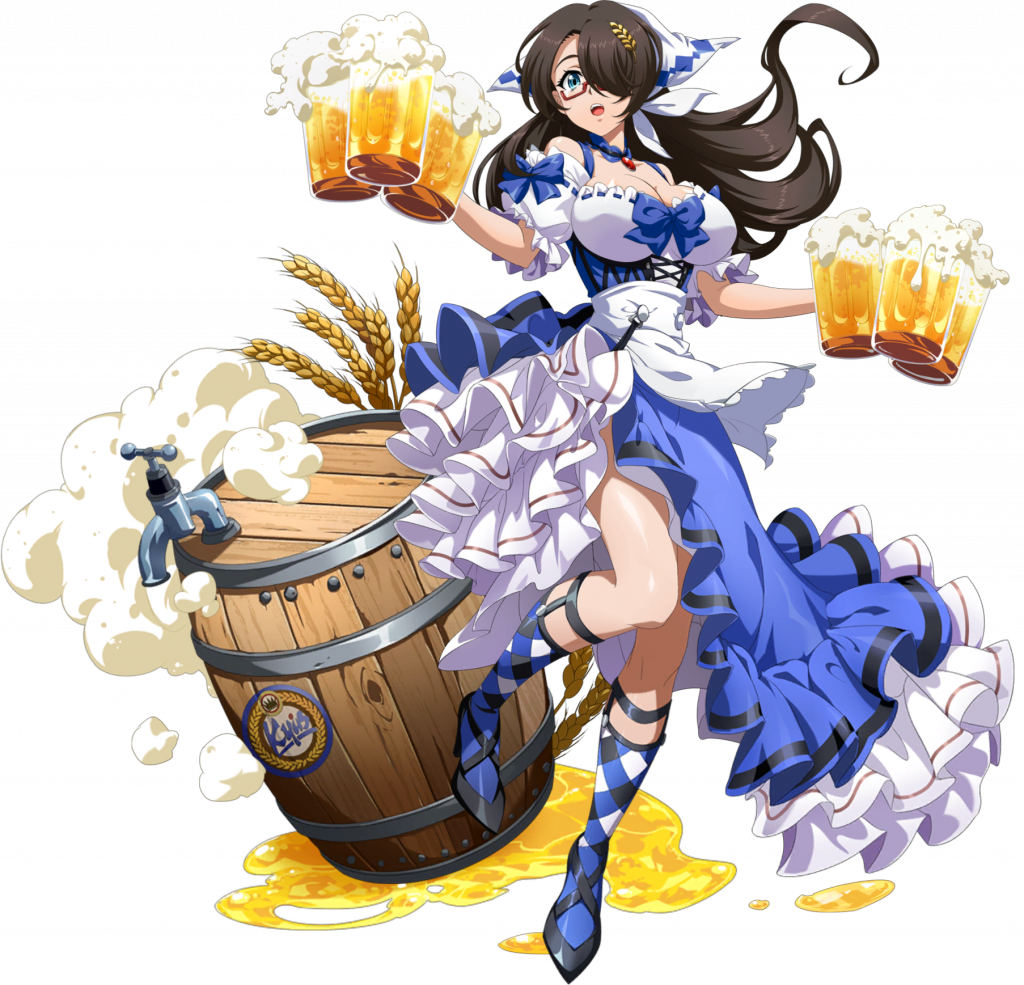 1girl alcohol apron argyle_clothes argyle_socks bare_shoulders barmaid barrel beer beer_keg beer_mug black_shoes blue_bodice blue_choker blue_dress blue_eyes blue_ribbon blue_socks bodice breasts brooch brown_hair choker cleavage cup detached_sleeves dirndl dress floating_clothes floating_hair foam frilled_dress frills full_body game_cg german_clothes glass hair_ornament hair_over_one_eye headscarf high_heels holding holding_cup huge_breasts jewelry langrisser langrisser_mobile langrisser_re:incarnation leg_up legs legwear_garter long_hair looking_at_viewer mariel_(langrisser) mini_eyewear mug official_alternate_costume official_art open_mouth puffy_short_sleeves puffy_sleeves red-framed_eyewear ribbon semi-rimless_eyewear shoes short_sleeves side_slit simple_background socks solo spilled_drink standing standing_on_one_leg tachi-e third-party_source transparent_background two-sided_dress two-sided_fabric two-tone_dress under-rim_eyewear waist_apron wheat white_apron white_dress white_headscarf