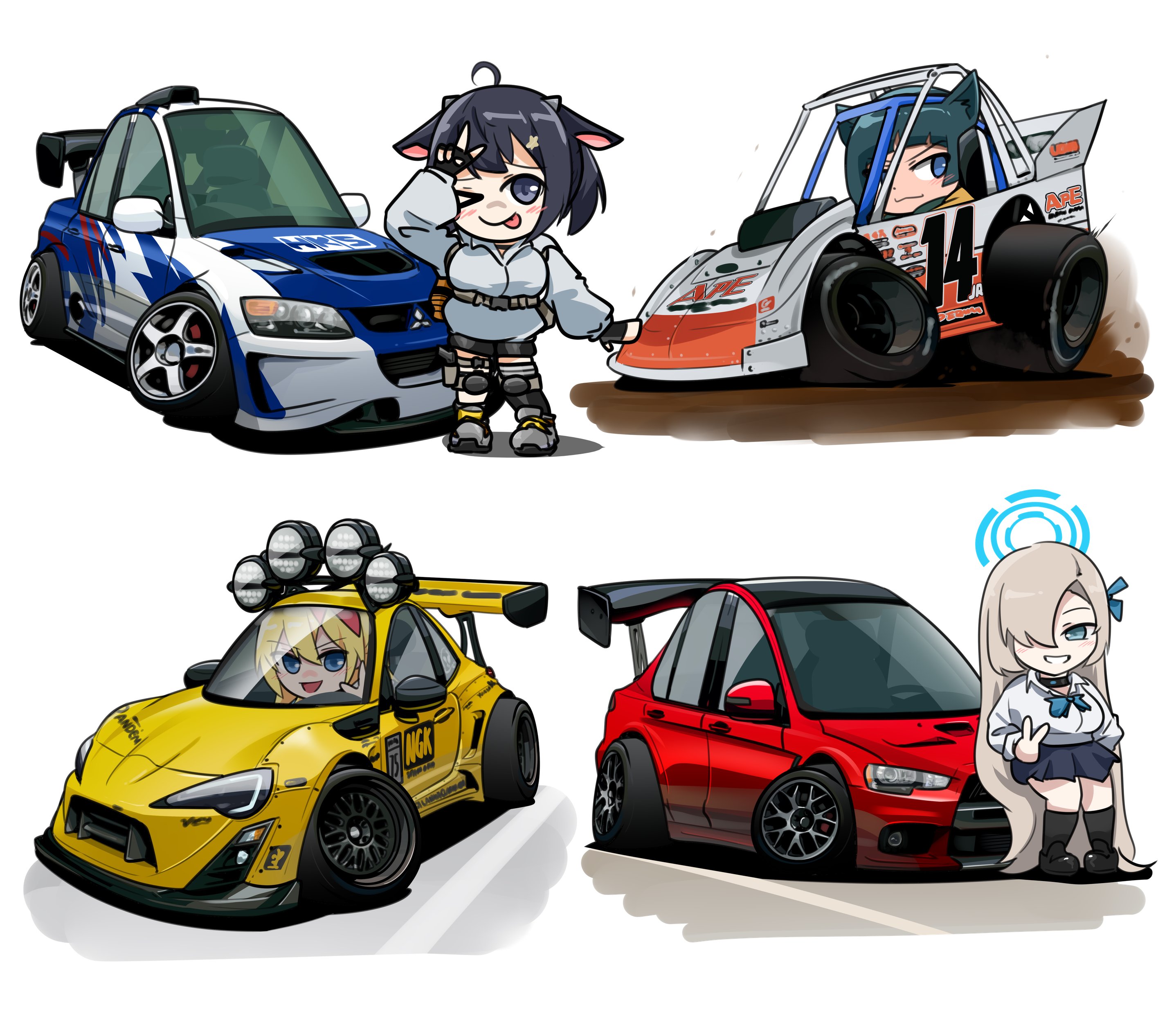 4girls absurdly_long_hair absurdres animal_ears asuna_(blue_archive) black_choker black_eyes black_gloves black_shorts black_thighhighs blonde_hair blue_archive blue_bow blush bow breasts car cat_ears cat_girl character_request chest_harness chibi choker collared_shirt commentary commission copyright_request cow_ears cow_girl dirt english_commentary fingerless_gloves gloves hair_over_one_eye halo harness highres holeecrab long_hair looking_at_viewer medium_breasts mitsubishi_lancer_evolution mitsubishi_motors motor_vehicle multiple_girls need_for_speed need_for_speed:_most_wanted_(2005) one_eye_closed one_eye_covered race_vehicle racecar shadow shirt shorts smile spoiler_(automobile) stance_(vehicle) thighhighs tongue tongue_out toyota toyota_86 v v-shaped_eyebrows vehicle_focus very_long_hair white_background white_shirt