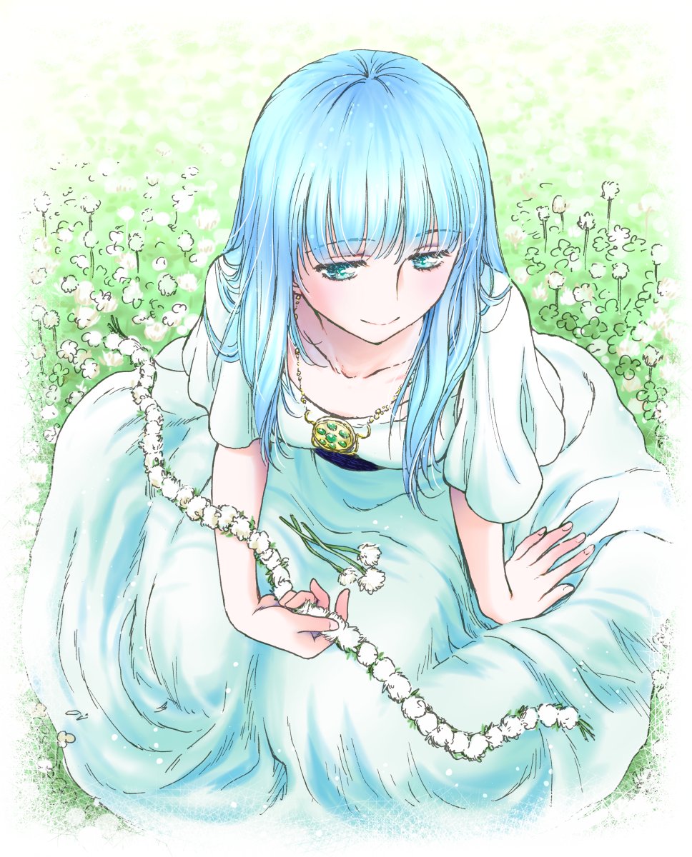1girl ancient_ys_vanished aqua_eyes blue_hair border clover commentary_request dress feena_(ys) field flower flower_field fushimi_yuuri highres jewelry long_dress long_hair necklace on_ground sitting solo white_border white_clover white_dress white_flower ys