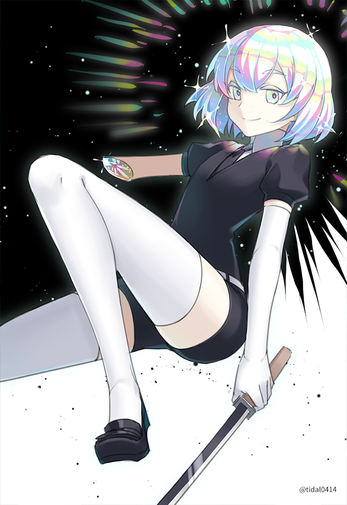 1other amputee androgynous broken colored_eyelashes diamond_(houseki_no_kuni) elbow_gloves gem_uniform_(houseki_no_kuni) gloves houseki_no_kuni looking_at_viewer missing_limb multicolored_eyes multicolored_hair nashi_(tidal0414) necktie rainbow_eyes rainbow_hair short_hair shorts smile solo sparkle sword thighhighs weapon