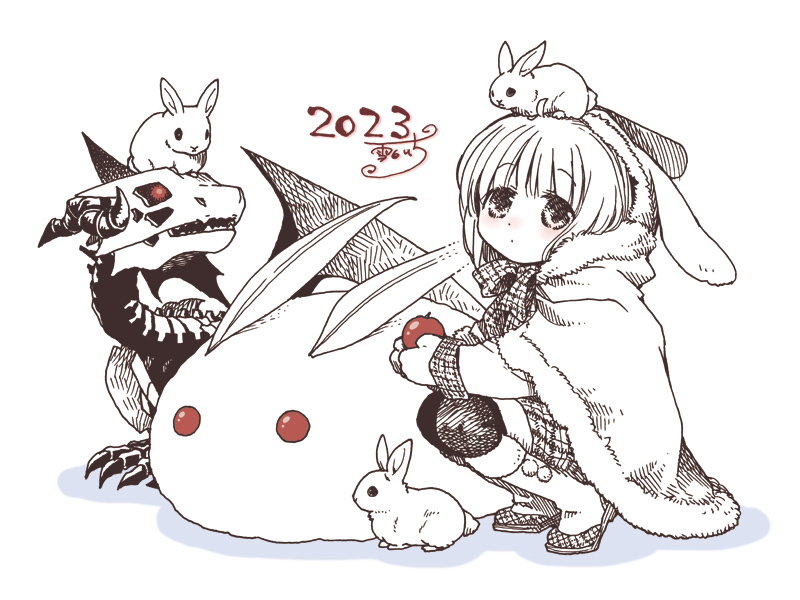 1girl 2023 boots chinese_zodiac cloak commentary_request dragon expressionless hone_dragon_no_mana_musume looking_at_viewer rabbit short_hair snow_rabbit year_of_the_rabbit yukishiro_ichi