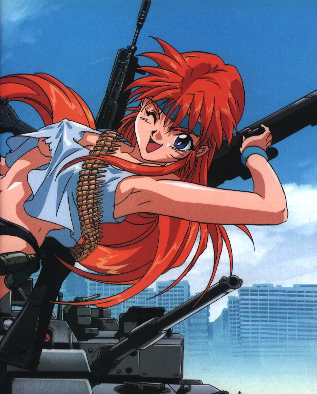 1990s_(style) 1girl artist_request blue_eyes blue_seed breasts building bullet cloud day gun headband highres long_hair military military_vehicle motor_vehicle one_eye_closed red_hair retro_artstyle rheinmetall_rh-120 sawaguchi_koume scan sky smile tank tank_top type_90_(tank) weapon