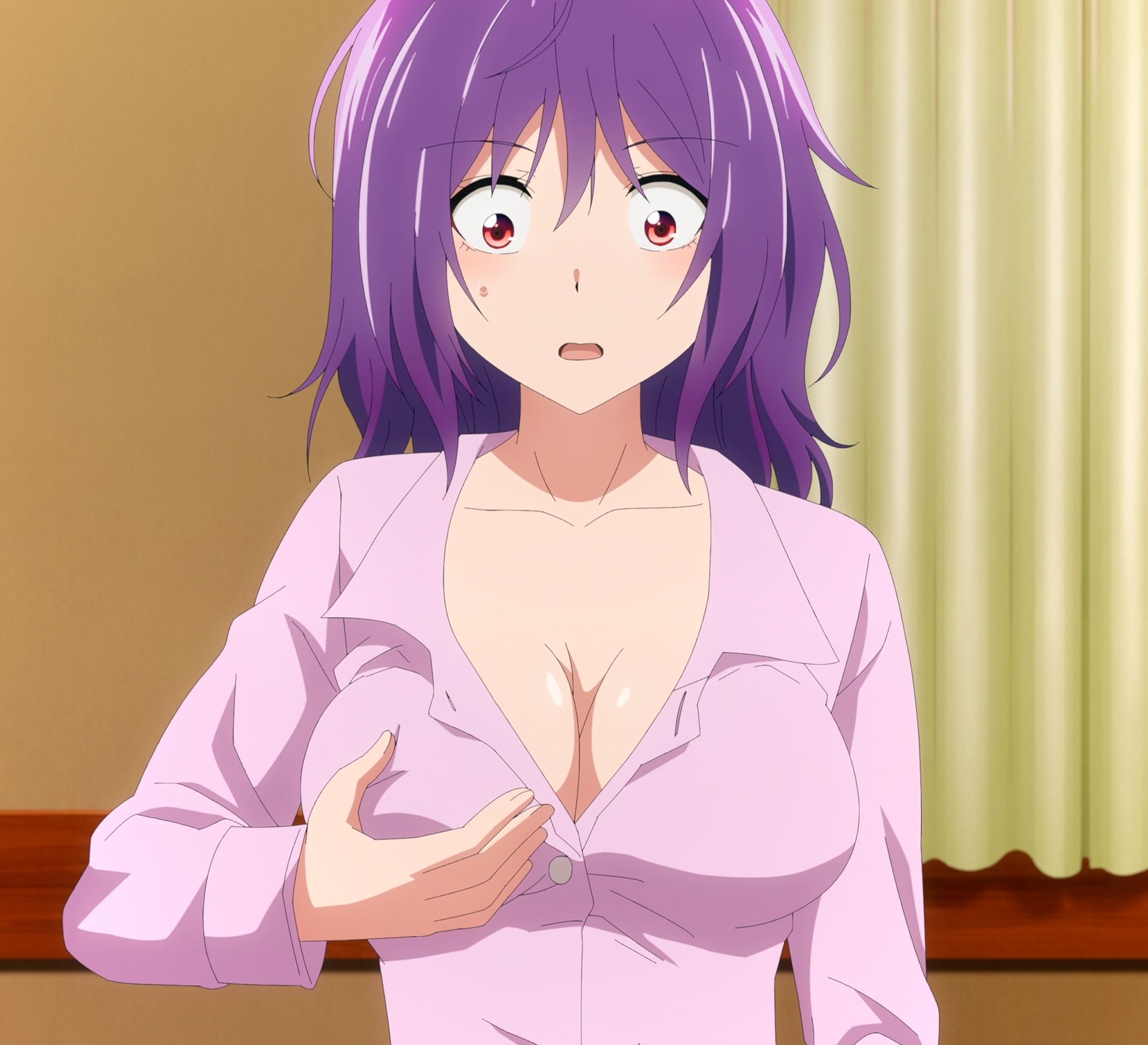 1girl anime_screenshot aoba_yuzuki breasts cleavage grabbing_own_breast highres large_breasts purple_hair red_eyes stitched temple_(series) third-party_edit