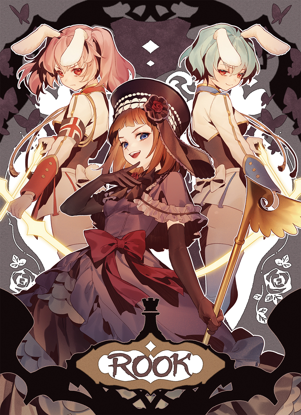 aluce animal_ears black_gloves blue_eyes blue_hair bow brown_hair chess_piece chiester410 chiester45 chiester_sisters closed_mouth dress elbow_gloves eva_beatrice gloves hat highres holding holding_staff holding_weapon laughing looking_at_viewer medium_hair open_mouth orange_hair pink_hair polearm purple_dress rabbit_ears rabbit_girl red_eyes rook_(chess) serious short_hair smile spear staff standing umineko_no_naku_koro_ni weapon white_legwear witch_hat