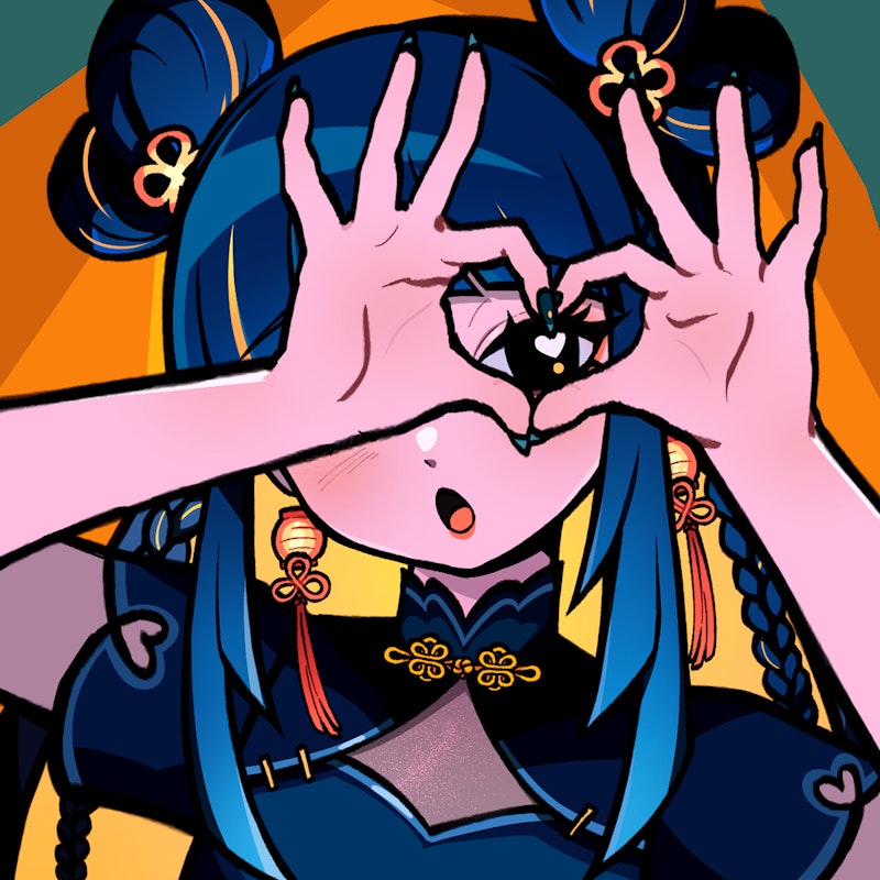 1girl four-finger_heart_hands :o album_cover black_eyes blonde_hair blue_hair blue_nails blue_shirt blunt_bangs blush braid braided_twintails breasts china_dress chinese_clothes chinese_knot cleavage cleavage_cutout clothing_cutout colored_inner_hair commentary cover double_bun dress earrings endless_knot english_commentary eyeshadow feng_yi_(synthesizer_v) green_background hair_bun heart heart-shaped_pupils heart_hair_bun heart_hands heart_hands_over_eye high_collar jewelry khee knot_hair_ornament lantern lantern_earrings long_hair makeup multicolored_background multicolored_hair open_mouth orange_background paper_lantern red_eyeshadow red_lips second-party_source see-through_cleavage see-through_clothes shirt short_sleeves sidelocks solo streaked_hair symbol-shaped_pupils synthesizer_v tassel tassel_earrings weiward_romance_(synthesizer_v)