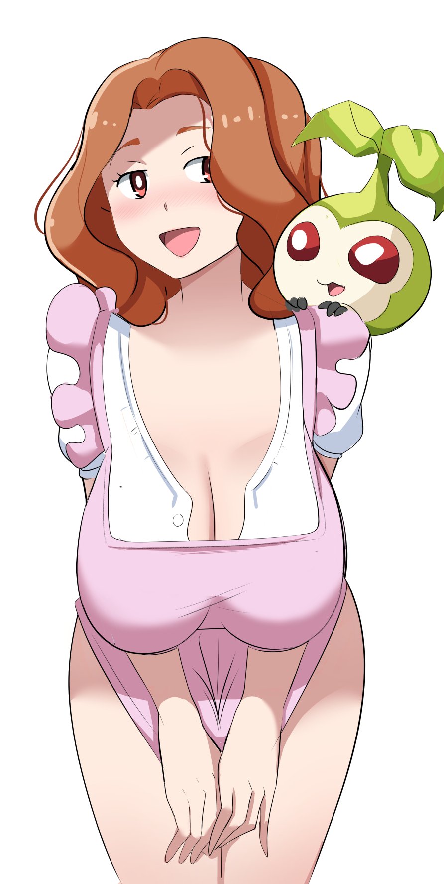 2girls aged_up bottomless breasts brown_eyes brown_hair commentary digimon digimon_(creature) digimon_adventure hanging_breasts highres large_breasts leaning_forward light_blush looking_at_viewer mature_female multiple_girls nightgown open_mouth pabsmikan simple_background tachikawa_mimi tanemon thighs white_background