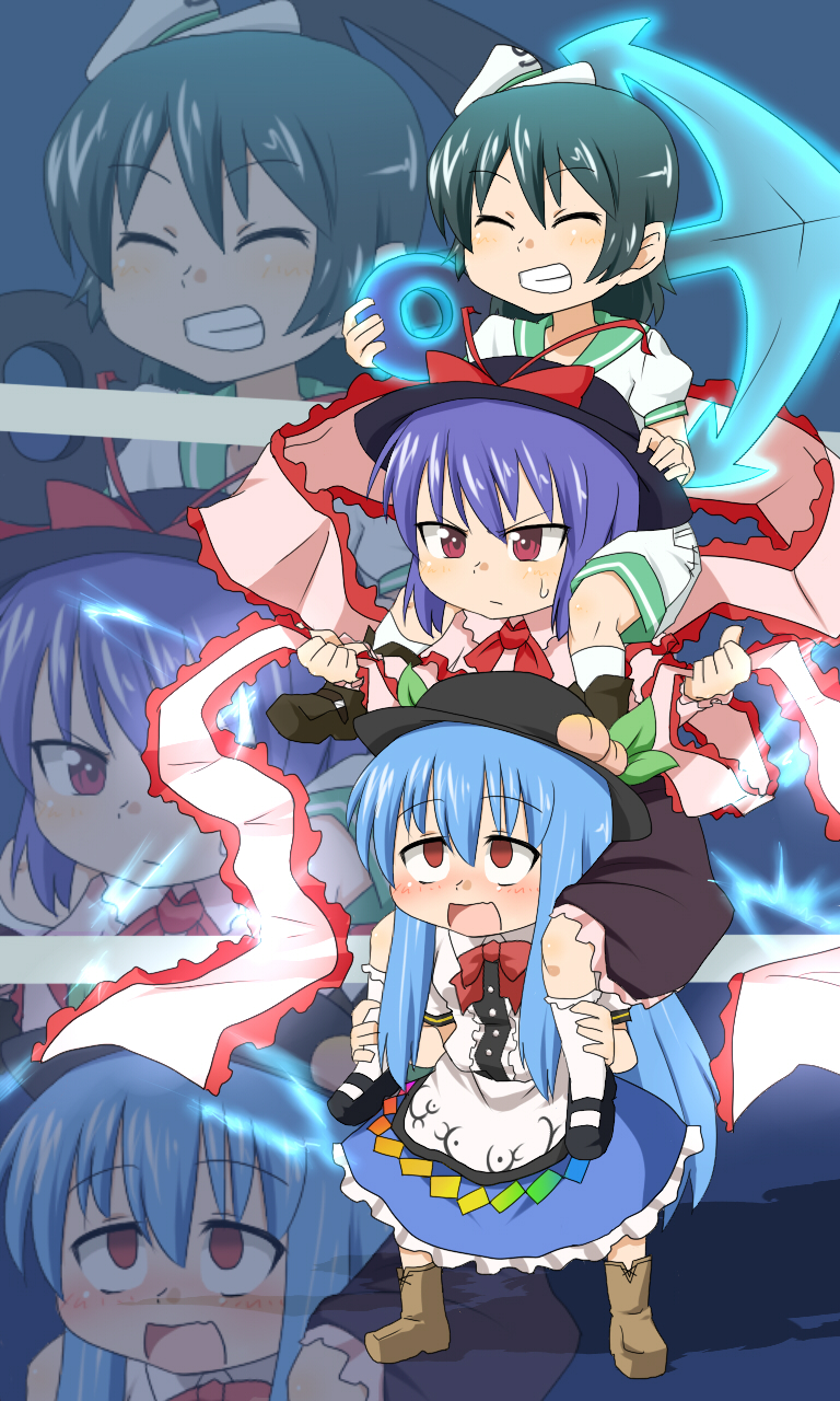 3girls anchor blue_hair bow carrying dai_(touhou_handdrawn) electricity empty_eyes female_focus food frills fruit gazacy_(dai) hat highres hinanawi_tenshi human_tower kamen_rider kamen_rider_ooo_(series) long_hair mary_janes multiple_girls murasa_minamitsu nagae_iku peach red_eyes sailor shauta_(ooo_combo) shoes short_hair shoulder_carry smile stacking touhou