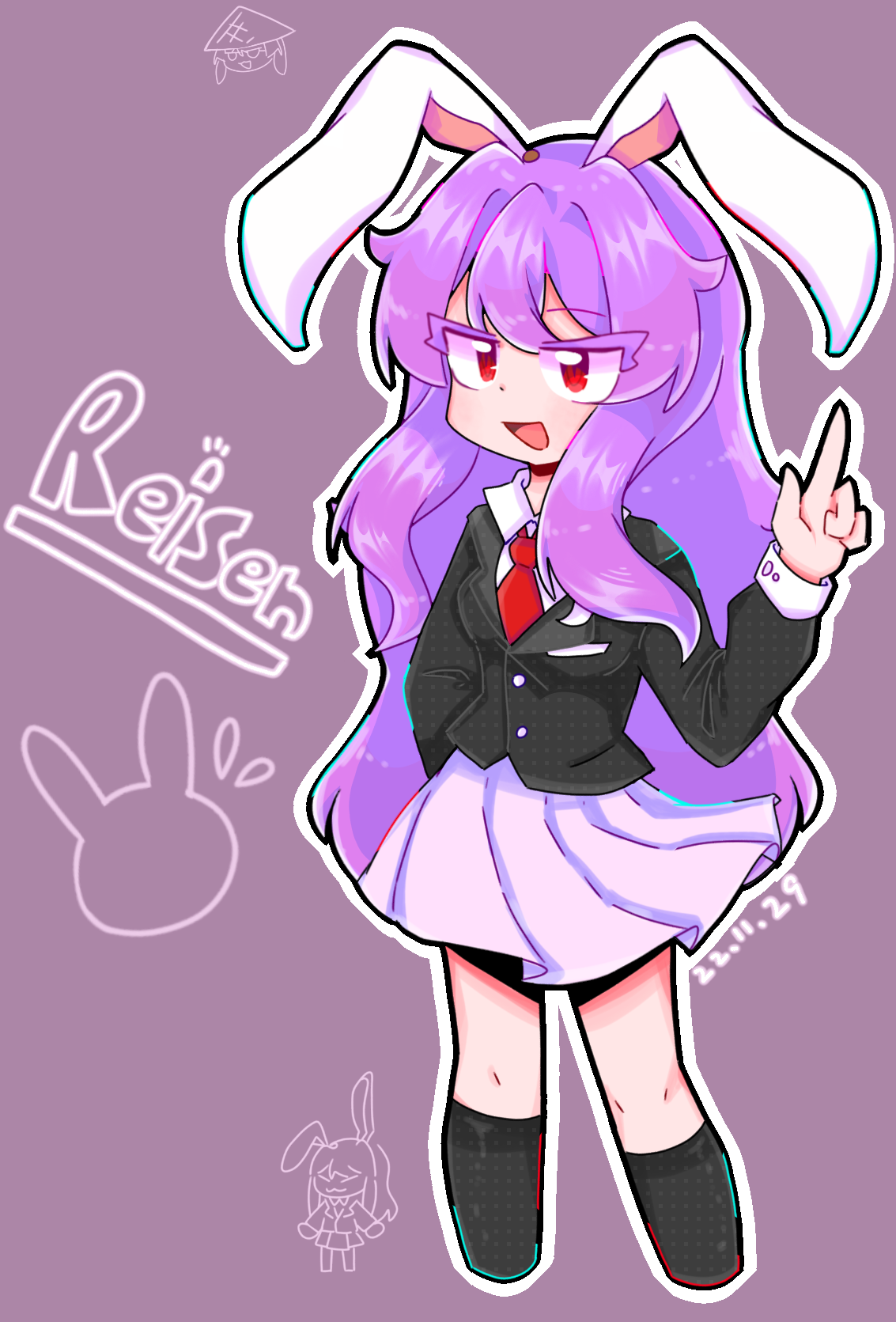 1girl animal_ears black_jacket black_socks blazer breasts character_name chinese_commentary collared_shirt colored_eyelashes commentary_request cropped_legs dated eyes_visible_through_hair highres jacket long_hair long_sleeves necktie open_mouth pleated_skirt priswocaer purple_background purple_hair rabbit_ears rabbit_girl red_eyes red_necktie reisen_udongein_inaba shirt simple_background skirt small_breasts smile socks touhou white_shirt white_skirt