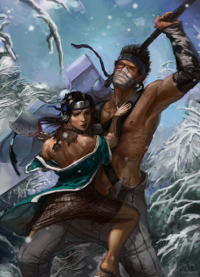 2boys aqua_nails artist_collaboration bandages black_hair forehead_protector haku_(naruto) jeff_zhang kirigakure_symbol lipstick long_hair makeup male_focus mask momochi_zabuza multiple_boys nail_polish naruto naruto_(series) nipples over_shoulder pants red_eyes shirt shorts signature snow snowing striped_clothes striped_pants striped_shorts sword sword_over_shoulder topless_male torn_clothes torn_shirt trap tree unworn_mask weapon weapon_over_shoulder wil_whalen