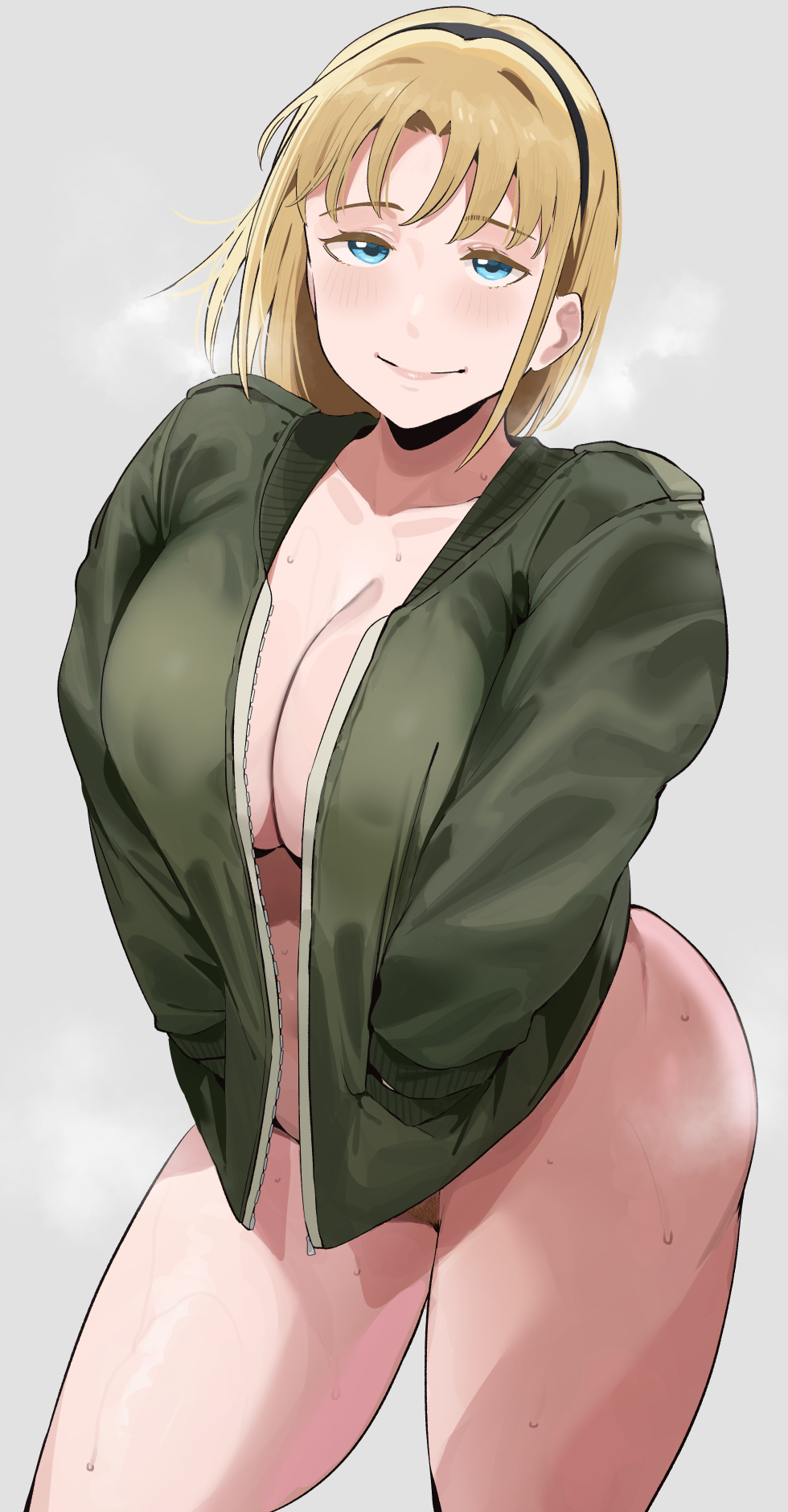 1girl blonde_girl_(okpriko) blonde_hair blue_eyes bottomless breasts cleavage closed_mouth green_jacket greyscale hands_in_pockets highres jacket large_breasts looking_at_viewer monochrome naked_jacket okpriko open_clothes open_jacket original short_hair simple_background smile sweat