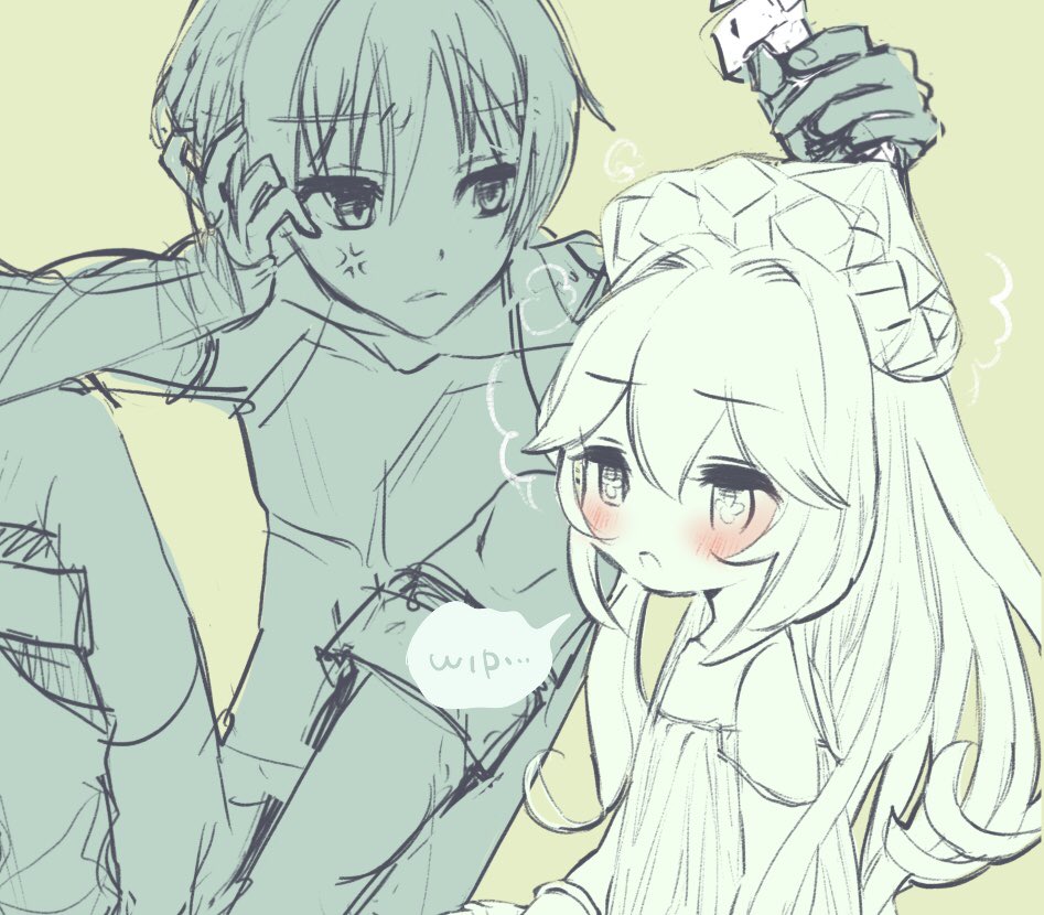 1boy 1girl alternate_hairstyle anger_vein armor blush camisole collarbone cross-shaped_pupils genshin_impact green_eyes hair_between_eyes hair_down hair_intakes hetero holding ice ice_pack japanese_armor knees kote long_hair looking_at_another monochrome nahida_(genshin_impact) off_shoulder open_mouth scaramouche_(genshin_impact) sidelocks sitting spaghetti_strap symbol-shaped_pupils thighs toro_astro unfinished