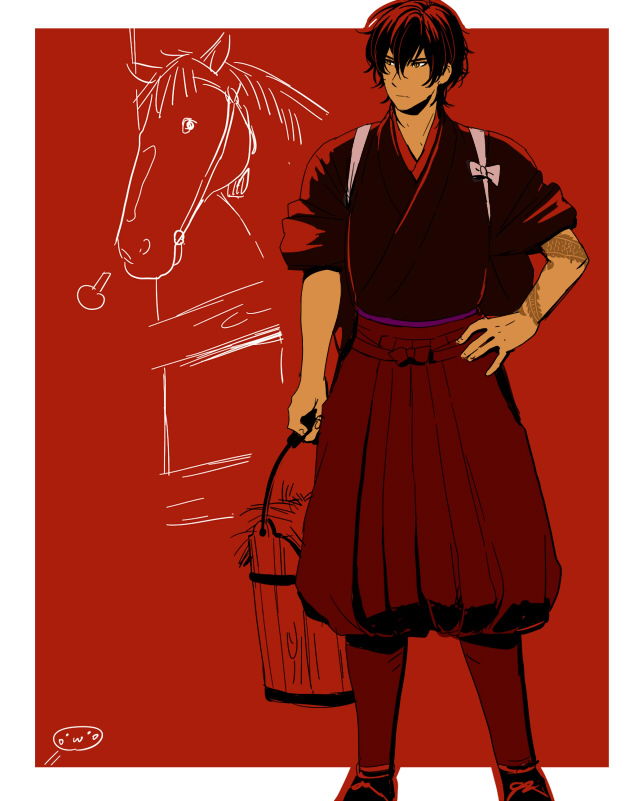 10s 1boy brown_hair bucket dark_skin dark-skinned_male hand_on_own_hip horse japanese_clothes male_focus mizuhara_aki ookurikara tattoo touken_ranbu yellow_eyes