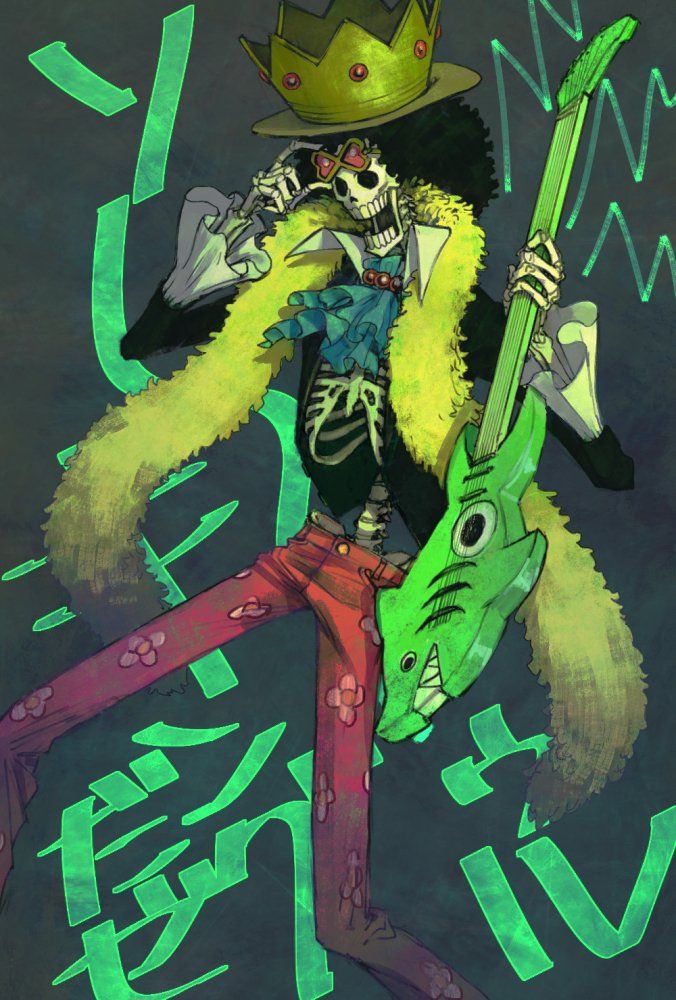 1boy afro ascot bad_id bad_twitter_id black_hair blue_ascot brook_(one_piece) crown crown_hat electric_guitar eyewear_on_head gold_crown guitar hat heart heart-shaped_eyewear holding holding_instrument holding_removed_eyewear instrument kinjuu_(hariharitt) male_focus one_piece open_mouth pink-tinted_eyewear skeleton solo sunglasses tinted_eyewear unworn_eyewear yellow-framed_eyewear