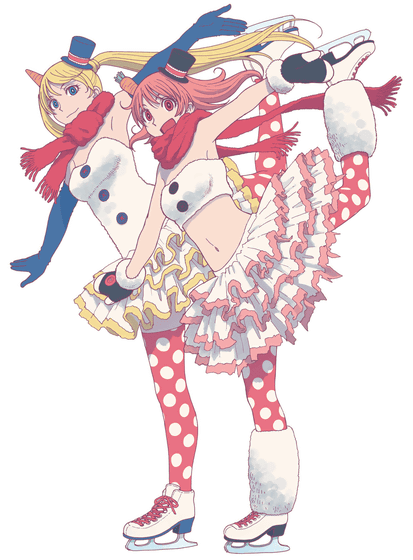 2girls arm_up azuma_kiyohiko bandeau blonde_hair blue_eyes blue_gloves bright_pupils carrot elbow_gloves food food_on_head gloves hat ice_skates looking_at_viewer mini_hat mini_top_hat mittens multiple_girls object_on_head official_art pantyhose pink_eyes pink_hair polka_dot polka_dot_legwear reset_(wonder_festival) scarf short_hair skates skating smile snowman_costume strapless thighhighs top_hat wanda_(wonder_festival) wonder_festival