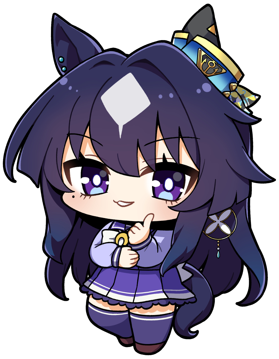 1girl animal_ears blue_hair bow bowtie brown_shoes chibi chibi_only commentary ear_ornament full_body hand_up highres horse_ears horse_girl horse_tail index_finger_raised light_blush long_hair long_sleeves looking_at_viewer multicolored_hair parted_lips pleated_skirt plover purple_eyes purple_sailor_collar purple_shirt purple_skirt purple_thighhighs sailor_collar school_uniform shirt shoes simple_background skirt smile solo standing tail thighhighs tracen_school_uniform two-tone_hair umamusume verxina_(umamusume) very_long_hair white_background white_bow white_bowtie white_hair zettai_ryouiki