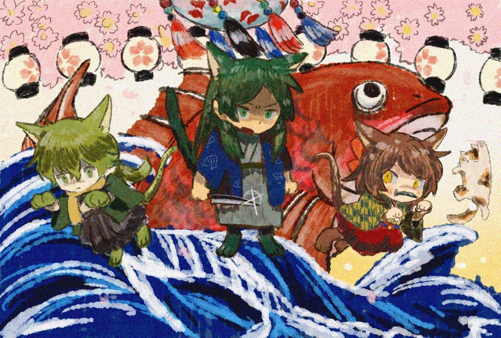 1girl 2boys animal_ears animal_hands ayazuki_mei black_hakama blue_jacket blue_sleeves blush_stickers brown_footwear brown_hair calico cat_boy cat_ears cat_girl cat_tail checkered_clothes checkered_kimono checkered_sleeves chibi clenched_hands commentary_request fish_in_mouth flower fujita_gorou full_body gleam gloves green_eyes green_footwear green_gloves green_hair green_jacket green_kimono green_sleeves grey_kimono hakama hakama_skirt hishida_shunsou holding holding_knife jacket japanese_clothes kemonomimi_mode kimono knife lantern long_hair long_sleeves looking_at_viewer low_ponytail medium_hair meiji_tokyo_renka multiple_boys open_clothes open_jacket open_mouth paper_lantern paw_gloves paw_pose paw_shoes pink_flower ponytail red_hakama scarf shaded_face shell shell_print short_kimono skirt socks sugi_haeru tail tassel tree two-tone_kimono two-tone_sleeves v-shaped_eyebrows waves white_socks wide_sleeves yellow_eyes yellow_kimono yellow_scarf yellow_sleeves