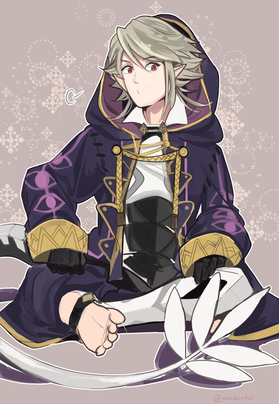 cloak corrin_(fire_emblem) corrin_(male)_(fire_emblem) cosplay dragon_tail fire_emblem fire_emblem_fates gnohcci_(modantoire) highres looking_at_viewer male_focus male_robin_(fire_emblem) male_robin_(fire_emblem)_(cosplay) nintendo red_eyes sitting solo spiked_hair tail white_hair