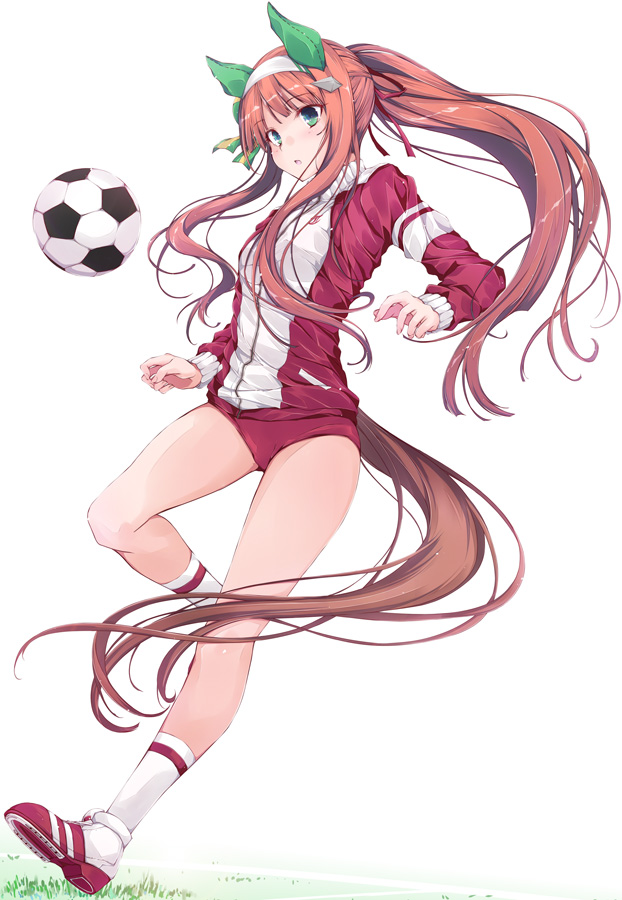 1girl alternate_hairstyle animal_ears ball buruma commentary_request ear_covers full_body green_eyes hairband hime_cut horse_ears horse_girl horse_tail jacket long_hair multicolored_jacket orange_hair ponytail red_buruma red_jacket silence_suzuka_(umamusume) simple_background soccer_ball socks solo tail telstar tracen_training_uniform track_jacket two-tone_jacket umamusume white_background white_hairband white_socks yumesato_makura