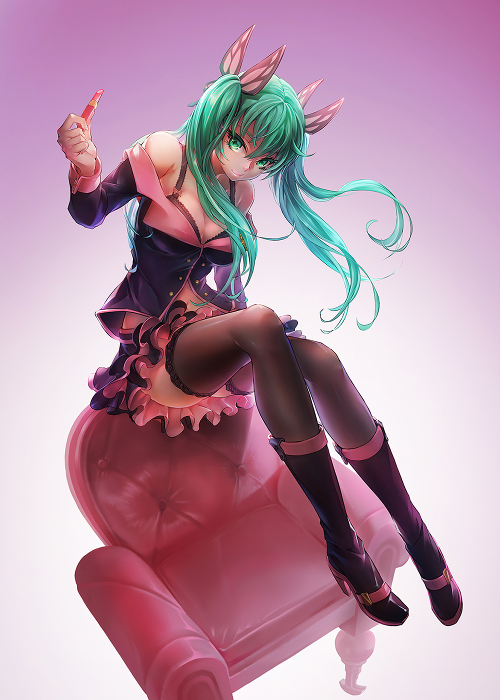 1girl aqua_eyes aqua_hair black_thighhighs boots bra_strap breasts cleavage couch female_focus gradient_background hair_ribbon hatsune_miku high_heel_boots high_heels highres holding hatsune_miku_(honey_whip) knee_boots light_smile lipstick long_hair long_sleeves looking_at_viewer makeup off_shoulder project_diva_(series) project_diva_f ribbon sitting skirt solo sweet_devil_(vocaloid) thighhighs todee vocaloid