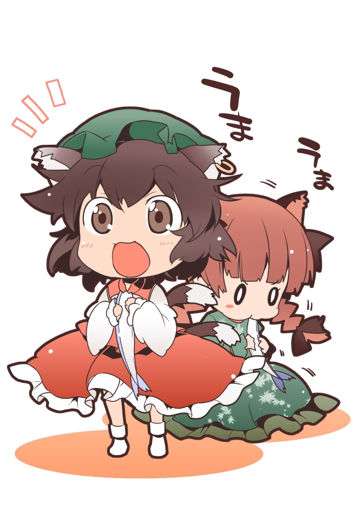 2girls :3 animal_ears blush_stickers braid brown_eyes brown_hair cat_ears cat_girl cat_tail chen chibi earrings eating female_focus fish happy hat jewelry kaenbyou_rin multiple_girls multiple_tails no_nose nyuusankin o_o open_mouth red_hair simple_background single_earring sitting standing tail touhou