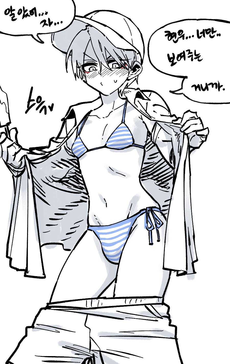1boy androgynous baseball_cap bikini bishounen bulge clothes_pull crossdressing eyeliner food greyscale hat high_school_boy highres hong_iltak korean_text makeup male_with_breasts monochrome open_clothes open_shirt parkgee popsicle puffy_chest red_eyeliner shirt short_hair shorts shorts_pull side-tie_bikini_bottom solo spot_color striped_bikini striped_clothes swimsuit trap white_shirt