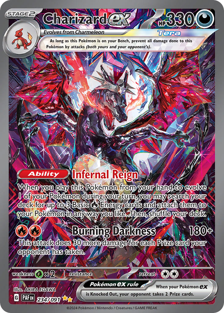 alternate_color artist_name breath_weapon breathing_fire card_(medium) character_name charizard charmeleon company_name copyright_name copyright_notice crystal dragon dragon_wings egawa_akira english_text fangs fire gen_1_pokemon nintendo no_humans official_art open_mouth pokemon pokemon_(creature) pokemon_card pokemon_focus pokemon_tcg shiny_pokemon solo sparkle terastallization third-party_source trading_card v-shaped_eyes wings