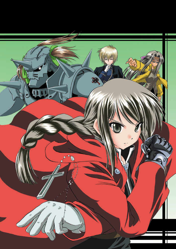 4girls alphonse_elric alphonse_elric_(cosplay) armor braid brown_eyes brown_hair closed_eyes cosplay cross cross_necklace crossed_arms crossover edward_elric edward_elric_(cosplay) fukuzawa_yumi fullmetal_alchemist glasses gloves half_updo hand_on_own_chin hosokawa_kanako jacket jewelry latin_cross long_sleeves maria-sama_ga_miteru multiple_girls necklace outstretched_arm parody ponytail roy_mustang roy_mustang_(cosplay) satou_sei scar_(fma) scar_(fma)_(cosplay) shimazu_yoshino single_braid spikes twintails white_gloves