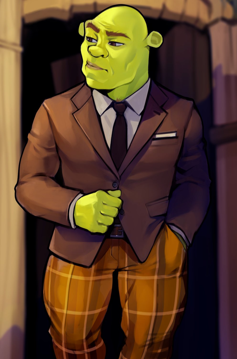 1boy bald black_necktie brown_jacket clenched_hand collared_shirt colored_skin green_skin hand_in_pocket highres jacket loodncrood looking_to_the_side male_focus necktie ogre shirt shrek shrek_(series) solo standing white_shirt