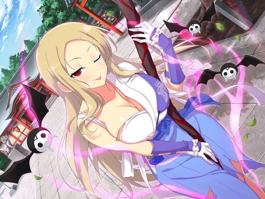 1girl :q animal architecture armor bat_(animal) bat_wings between_legs blonde_hair blue_sky blush bow breasts building cleavage cloud collarbone day east_asian_architecture emblem energy falling_leaves fangs gessen_academy_school_uniform gloves hair_ornament hairclip hakama japanese_armor japanese_clothes kimono komainu kote large_breasts leaf long_hair looking_at_viewer mole mole_under_mouth muneate official_alternate_costume official_art one_eye_closed outdoors pagoda plant red_eyes school_emblem scythe senran_kagura senran_kagura_shinovi_versus shiki_(senran_kagura) shiny_skin shrine sky smile solo standing stone_lantern stone_walkway temple tongue tongue_out torn_clothes torn_hakama torn_kimono tree white_bow white_gloves white_kimono wings wrist_bow yaegashi_nan