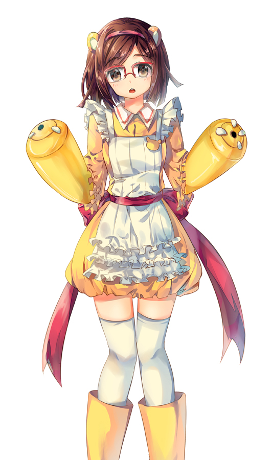 1girl apron beargguy_iii beargguy_iii_(cosplay) bow brown_eyes brown_hair cosplay dress female_focus glasses gundam gundam_build_fighters hairband kousaka_china looking_at_viewer open_mouth over-rim_eyewear red-framed_eyewear semi-rimless_eyewear short_hair simple_background solo tachiuo_(arines) thighhighs white_background white_thighhighs