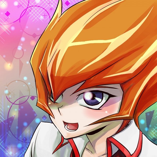 1boy :d blush food fruit hair_over_one_eye happy male_focus one_eye_covered open_mouth orange_(fruit) orange_hair purple_eyes purple_theme red_theme shingetsu_rei smile solo vector_(yu-gi-oh!) white_theme yu-gi-oh!