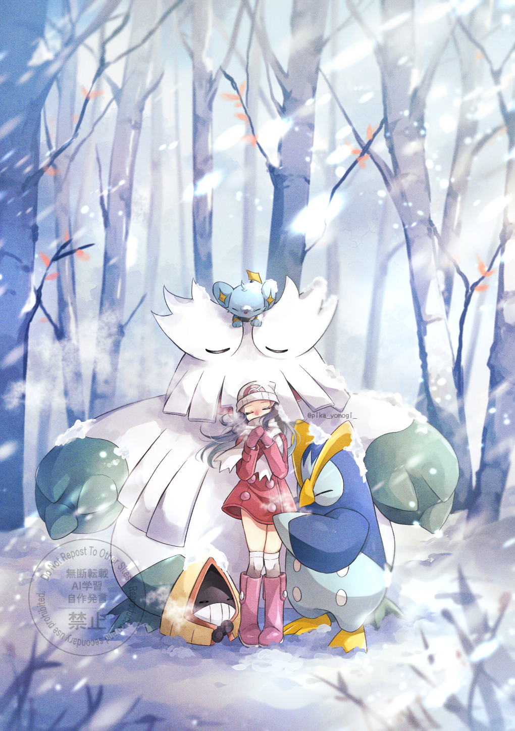 1girl abomasnow beanie black_hair boots closed_eyes coat commentary_request dawn_(pokemon) day gen_3_pokemon gen_4_pokemon hat highres long_hair long_sleeves mittens nintendo outdoors over-kneehighs pink_boots pokemon pokemon_(creature) pokemon_dppt pokemon_platinum prinplup red_coat scarf shinx snorunt snow snowing standing thighhighs tree watermark white_scarf winter yomogi_(black-elf)