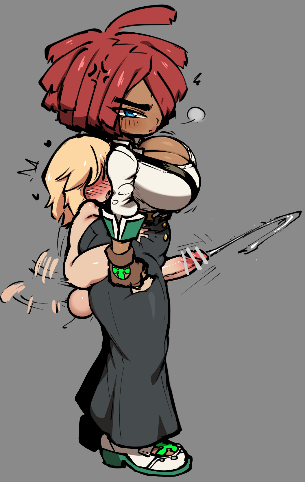 1boy 1girl anger_vein annoyed blonde_hair blue_eyes blush boots breasts bridget_(guilty_gear) cleavage clothed_female_nude_male dark-skinned_female dark_skin frog_embrace_position giovanna_(guilty_gear) grabbing_from_behind guilty_gear guilty_gear_strive heart hetero highres huge_breasts huge_penis humping jellot large_breasts medium_hair nude penis precum red_hair short_hair suspenders testicles thick_thighs thigh_sex thighs togosh