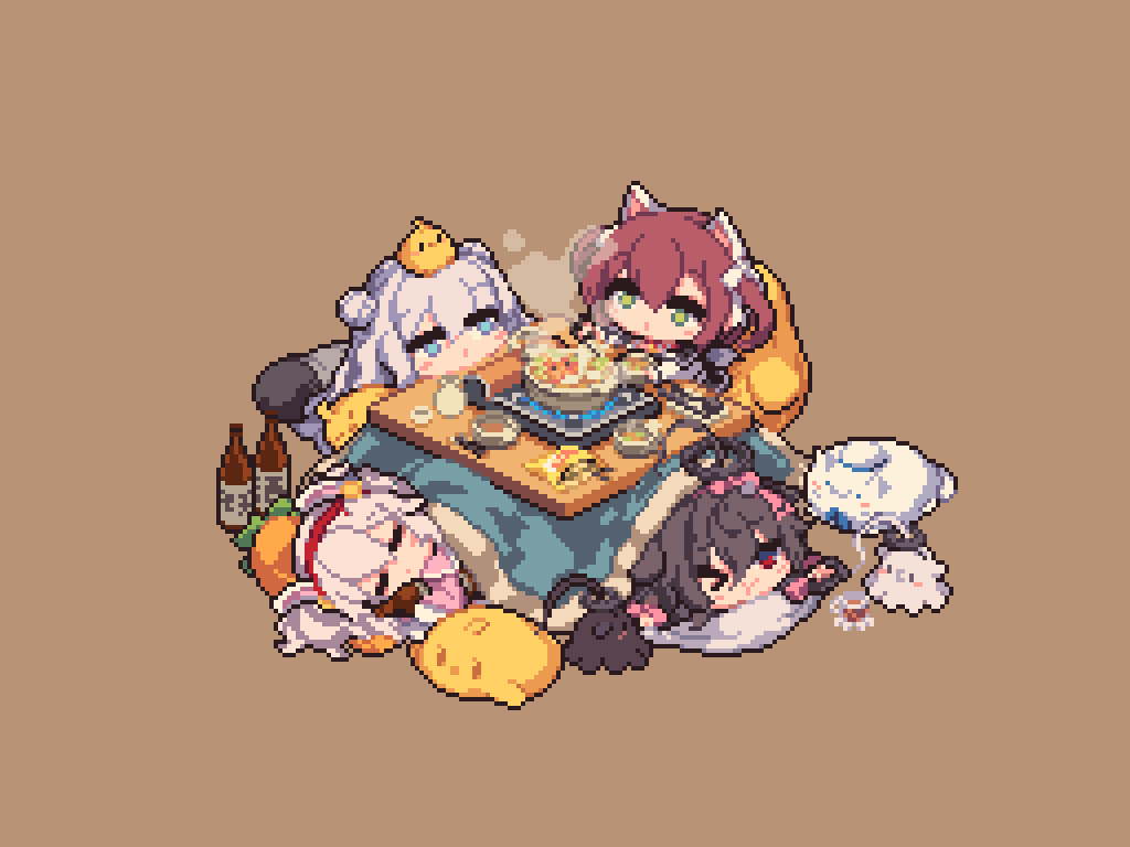&gt;_o 4girls :t animal_ears azur_lane black_hair blue_eyes bottle brown_background cat_ears closed_eyes closed_mouth commentary dot_mouth double_bun fake_animal_ears food green_eyes hair_between_eyes hair_bun ino_futon kotatsu laffey_(azur_lane) le_malin_(azur_lane) long_hair manjuu_(azur_lane) meowfficer_(azur_lane) multiple_girls one_eye_closed pixel_art pout rabbit_ears red_eyes red_hair shiratsuyu_(azur_lane) short_hair sleeping symbol-only_commentary table twintails under_kotatsu under_table white_hair whydah_(azur_lane)